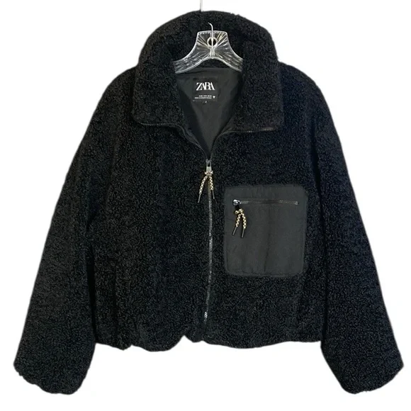 Zara Fleece Teddy Jacket in Black - Picture 2 of 10